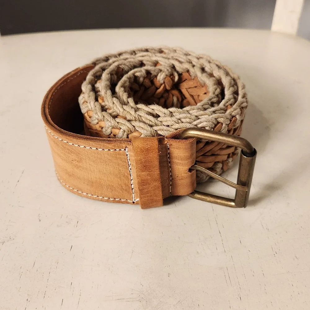 Boho Macrame Braided Leather Belt Tan Rope Chunky Brass Buckle Wide